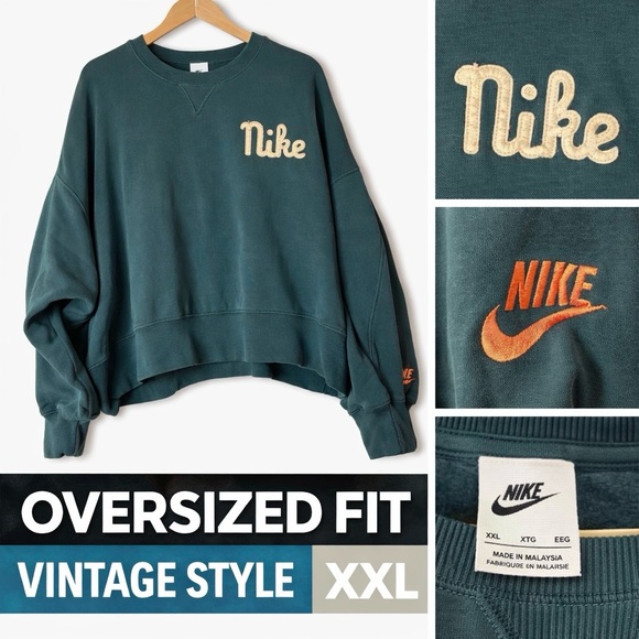 Nike Tops - Nike Crewneck Sweatshirt XXL Green Oversized Crop Spellout Logo